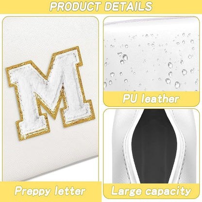 Gifts for Girls Initial Makeup Bag Personalized Cosmetic Bag with Zipper Cute Travel Toiletry Bags Waterproof PU Preppy Makeup Pouch Birthday Gift for Teen Girls Women(White M)