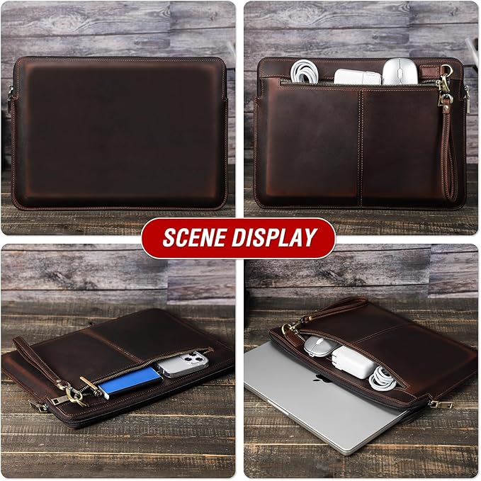 Top Grain Leather 14.2" Laptop Case Bag, Zip Pockets Design, Compatible with MacBook Air 13" M2 A2681 M1 A2337 A2179 A1932/Pro 13" M2 M1 A2338 A2251 A2289 A2159 A1989 A1706, Coffee 14.2 Inch