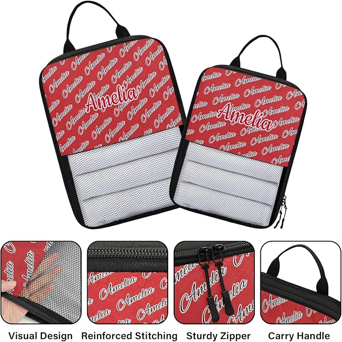 Custom 6 Set Compression Packing Cubes with Name Personalized Compressible Expandable Packing Organizers Luggage Carry On Suitcase Bags Travel Accessories Gifts, Deep Red