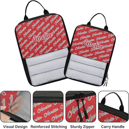 Custom 6 Set Compression Packing Cubes with Name Personalized Compressible Expandable Packing Organizers Luggage Carry On Suitcase Bags Travel Accessories Gifts, Deep Red