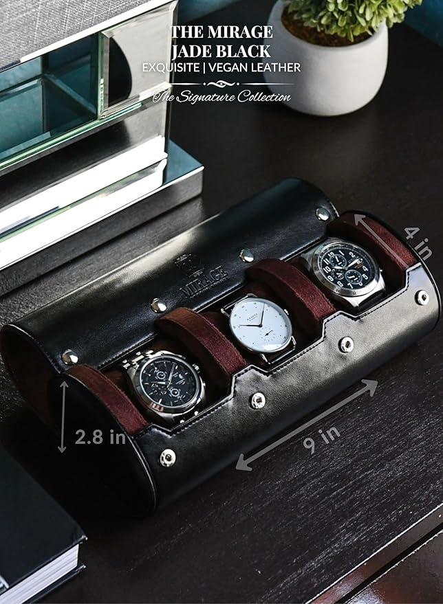 Watch Roll Case Organizer - Watch Travel Case for Men and Women - 3 Watch Carrying Case and Display - Jade Black with Mahogany Brown Interior Vegan Leather