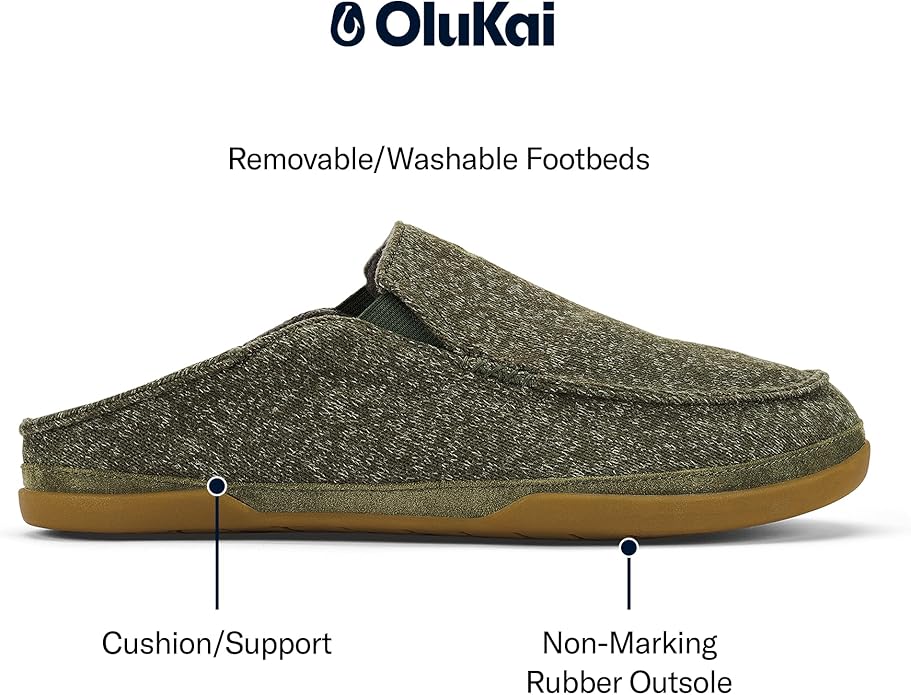 OLUKAI Moloa Hulu Men's Wool-Blend Slippers, Soft & Heathered Knit Slip On Shoes, Suede Leather Foxing, Drop-In Heel Design