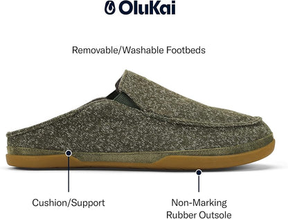 OLUKAI Moloa Hulu Men's Wool-Blend Slippers, Soft & Heathered Knit Slip On Shoes, Suede Leather Foxing, Drop-In Heel Design