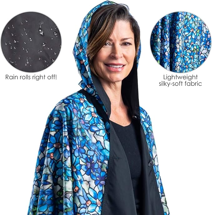 RainCaper Tiffany Clematis Womens Rain Cape Poncho with Hood Reversible