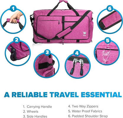 Bago Rolling Duffle Bag with Wheels - 27" 80L Foldable Weekender Bag, Waterproof Travel Duffel Bag, Heavy Duty lightWeight Duffle Bag for Traveling, Rolling Duffel Bag with Wheels (SnowPink)