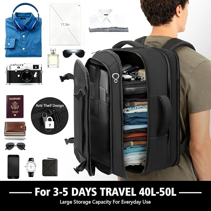 Travel Backpack, 40-50L Expandable Carry On Backpack with Cable Access Port Fits 17.3 Inch Laptop Bag,Water Resistant Weekender Bag Men Women for Business Trips, College,Hiking,Daily Commuting,Black