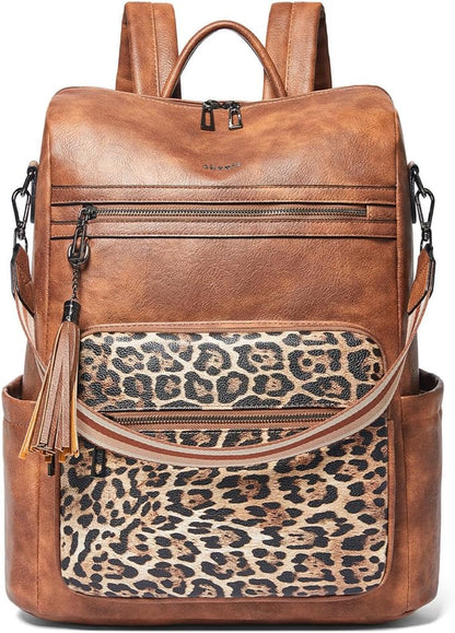 Shrrie 15.6 inch Laptop Backpack for Women,Large Leather Purse,Travel Backpacks Carry on,Water Resistant Casual Laptop Backpacks,College Backpack,Work Backpack for Women,Two-tone Camel Brown