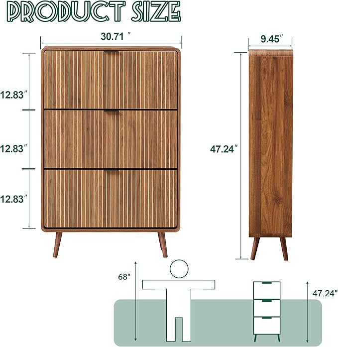 Slim 47" Fluted Shoe Cabinet with 3 Flip Drawers, Curved Hidden Shoe Cabinet Organizer, Narrow Shoes Storage Rack for Entryway (All Walnut-3 Drawers)