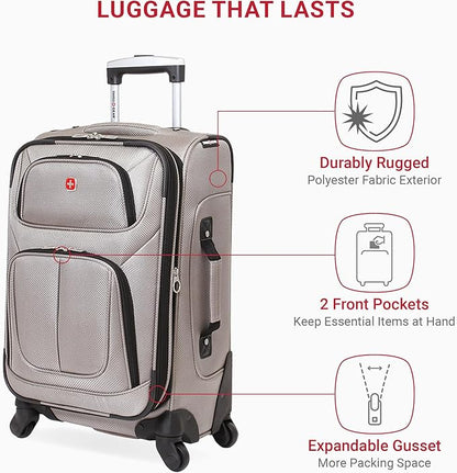 SwissGear Sion Softside Expandable Luggage – Carry-On Suitcase with 360 Degree Wheels & Retractable Handle – 21 Inch, Perfect for 1-3 Night Trips – Pewter