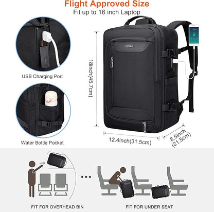 PIJUSHI Travel Backpack for Women Men Flight Approved Carry on Bag 16 inch Laptop Personal Item Daypack with Shoe Compartment(PE038 Black)