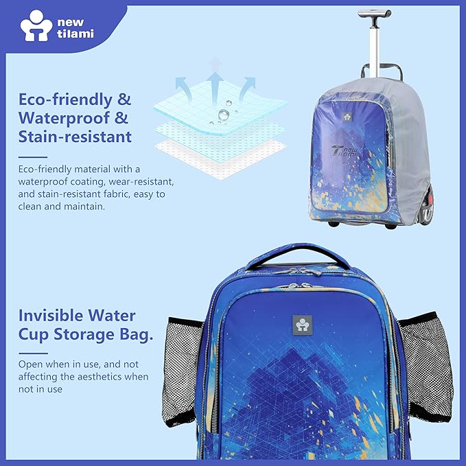 NEW TILAMI 20" Rolling Backpack for Teens Adults, Climbing Stairs Waterproof Backpack with Wheels for School Business Trave Camping with Laptop Compartment, Fit 17 Inch Laptop, Chill Blue Print