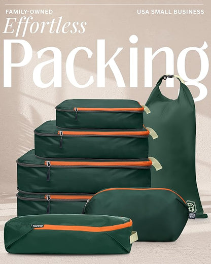 Large Compression Packing Cubes for Travel-Packing Cube Luggage Organizers 7 Piece Set for Checked Luggage-Ultralight, Expandable/Compression Bags by TRIPPED Travel Gear (Green/Orange)