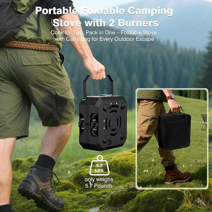 Camping Stove Portable Propane Camp Stove with 3 Pot Set, 2 Burners Foldable Gas Stove with Independently Adjustable Heat,Camping Stove Propane for Outdoor Cooking,Tailgating & Backyard Gathering,BBQ