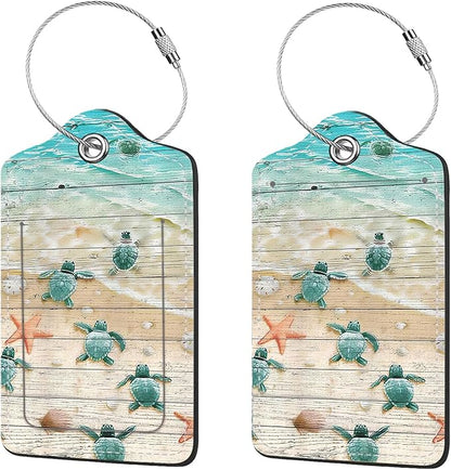 2 Pcs Luggage Tags for Suitcase, Cute Unique PU Leather Travel Bag Tag with Privacy Cover ID Label Address Card and Durable Metal Ring Suitable for Men Women Children Backpack,Turtle and Starfish