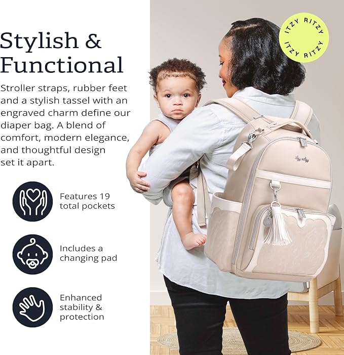 Itzy Ritzy Diaper Bag Backpack – Large Capacity Boss Plus Baby Backpack Diaper Bag Featuring 19 Pockets, Changing Pad, Stroller Clips, and Comfortable Backpack Straps, Oat