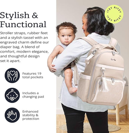 Itzy Ritzy Diaper Bag Backpack – Large Capacity Boss Plus Baby Backpack Diaper Bag Featuring 19 Pockets, Changing Pad, Stroller Clips, and Comfortable Backpack Straps, Oat