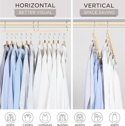 MORALVE Space Saving Hangers for Closet – 4 Pack European Beechwood 6-Tier Shirt Organizer with 360° Swivel Hook – Collapsible Clothes Hanger for Closet Organization (Hangers Not Included)