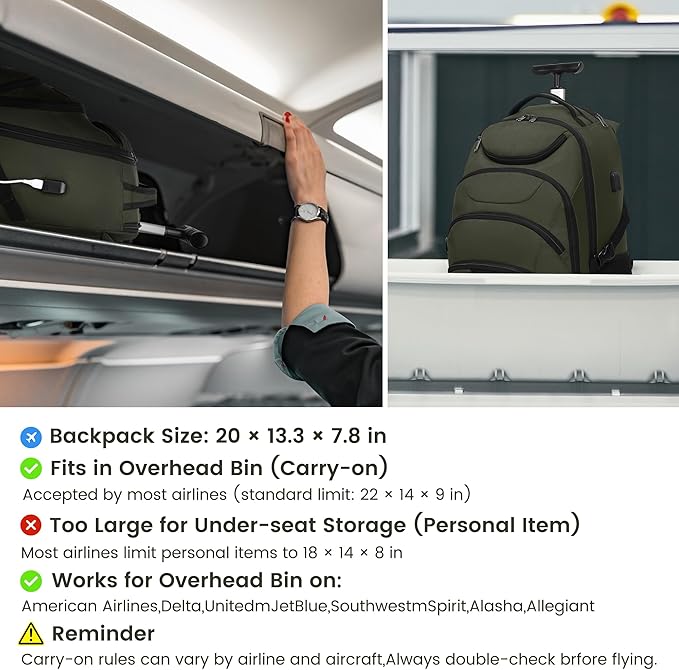 Boavan Rolling Backpack,17 inch Water Resistant Wheeled Backpack,Carry on Luggage Business Bag, Overnight College Computer bag Trolley Suitcase for Men Women Adults to Travel，Green