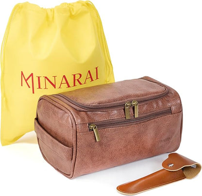 MINARAI-Mens Toiletry Bag with Razor Case– Premium Leather-Look Hygiene Bag for men with Wide-Open Access, Hanging Design, and Strong Structure– Built for Travel, Gym, and Everyday Organization–BROWN