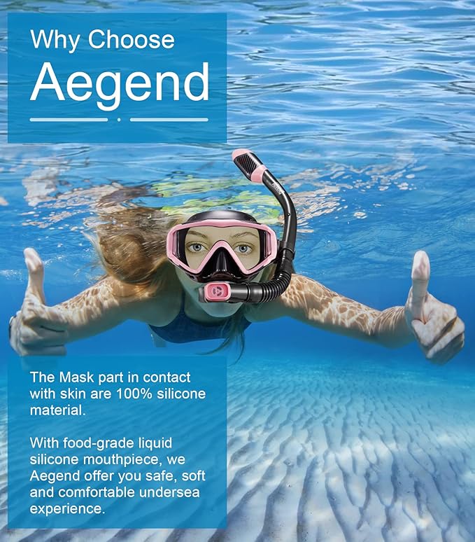 Aegend Snorkeling Gear for Adults Youth Kids, Dry Snorkel Set Panoramic View Enhanced Anti-Leak and Anti-Fog Technology, Adjustable Strap for Snorkeling Scuba Diving Swimming with Mesh Bag