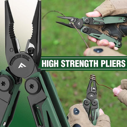 FLISSA Multitool, 15-in-1 Multi Tool Pocket Knife with Sheath, Stainless Steel EDC Multitool Pliers for Men, All-in-One Tools for Camping, Fishing, Survival – Ideal Christmas Gift for Man