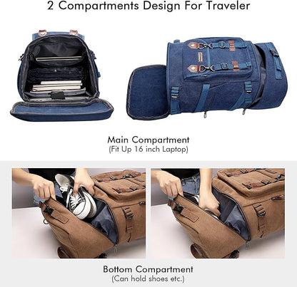 WITZMAN Travel Backpack for Men Women Canvas Backpack Carry on Luggage Rucksack Convertible Duffel Bag Large (A568 Blue)