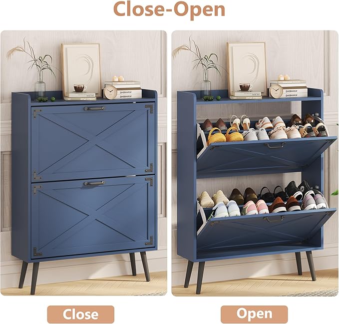 Shoe Storage Cabinet with 2 Flip Drawers, Farmhouse Freestanding Shoe Rack Organizer for Entryway, Narrow Hidden Slim Shoe Cabinet for Foyer,Hallway,Blue