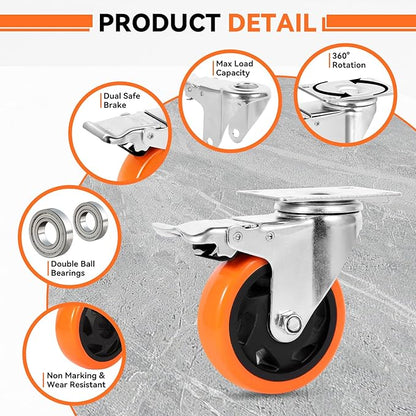 W B D WEIBIDA 4 Inch Swivel Casters with Brake Set of 4 Heavy Duty of 1200 lbs, Safety Dual Locking Plate Castors, No Noise Wheels for Furniture, Workbench and Carts(Nuts & Bolts & 2 Spanners)