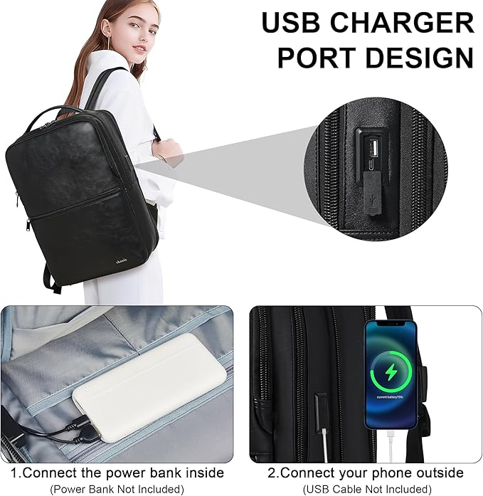 Shrrie Vegan Leather Laptop Backpack for Women&Men,16 Inch Expandable Backpack with USB Charging Port,Two-toned Black