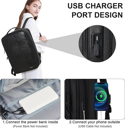 Shrrie Vegan Leather Laptop Backpack for Women&Men,16 Inch Expandable Backpack with USB Charging Port,Two-toned Black