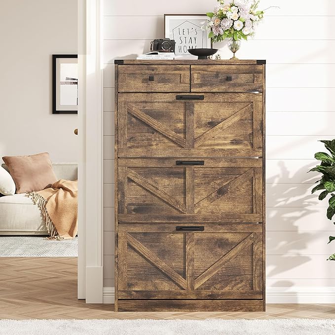 Shoe Cabinet with 3 Flip Drawers & 2 Drawers,Freestanding Shoe Storage Cabinet for Entryway,Farmhouse Narrow Slim Organizer Rack for Foyer,Hallway,Rustic Brown