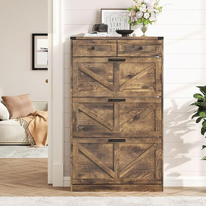 Shoe Cabinet with 3 Flip Drawers & 2 Drawers,Freestanding Shoe Storage Cabinet for Entryway,Farmhouse Narrow Slim Organizer Rack for Foyer,Hallway,Rustic Brown