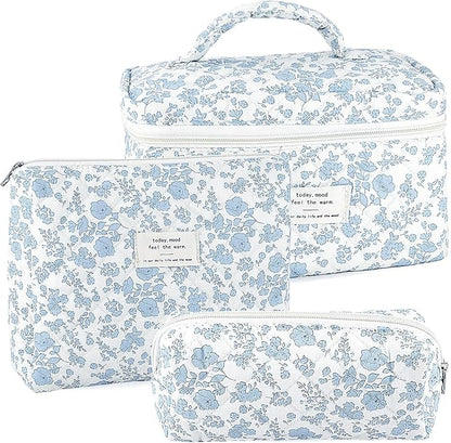 3Pcs Makeup Bag Quilted Cosmetic Bag Set Bow Travel Large Makeup Pouch for Women Cute Portable Cotton Toiletry Bag Skincare Organizer Coquette Vintage Travel Essential