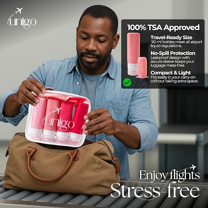 unigo Travel Bottles For Toiletries, 3.oz TSA Approved Containers, Travel Size Toiletries, Shampoo and Conditioner Bottles, Leak Proof and Refillable Bottles, BPA Free, Extra Bottle Covers (Pink)