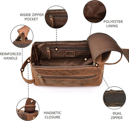Genuine Leather Travel Toiletry Bag for Men & Women – Premium Water-Resistant Large Dopp Kit, Shaving Organizer & Compact Bathroom Essentials Case – Distressed Brown