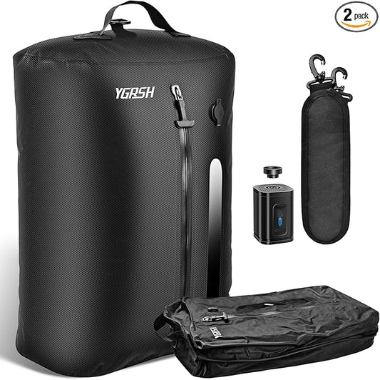 36L Vacuum Bags for Travel, 2Pcs Waterproof Compression Bags with Wireless Lockable Pump, Reusable Vacuum Packing Cubes Compatible with Suitcase, Luggage, Backpack (2PCS + Pump + Shoulder Strap)