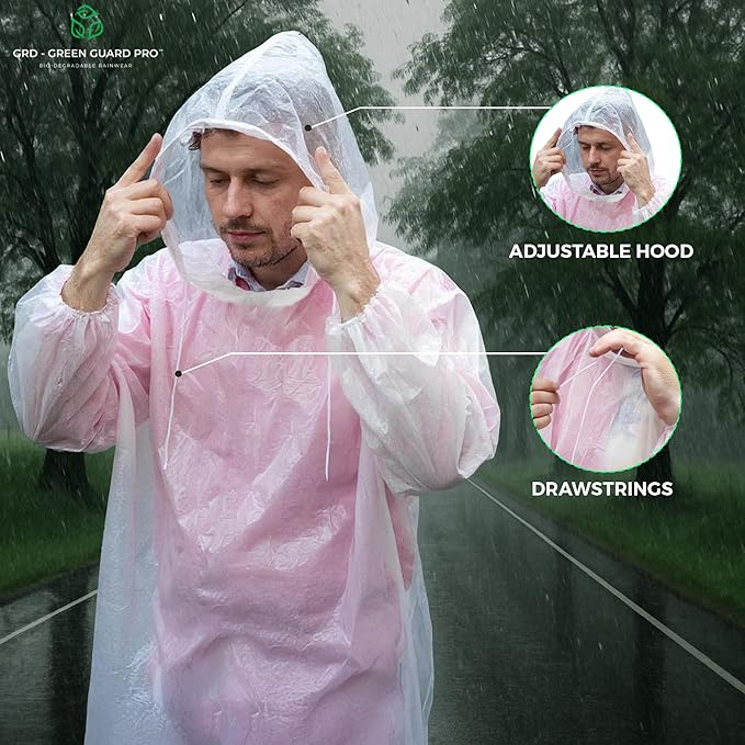 Eco-Friendly Rain Ponchos - Bio-degradable Disposable Clear Poncho with Drawstrings and Adjustable Hood, Family Pack of 5