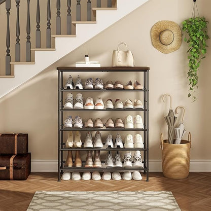SUOERNUO Shoe Rack Organizer 6 Tier for Closet Entryway Free Standing Metal Storage Shoe Shelf with MDF Top Board，Black