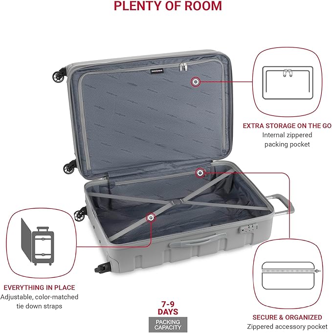 SwissGear 7366 Signature Hardside Expandable Luggage with Spinner Wheels, TSA Lock, Grey, Checked-Large 27-Inch