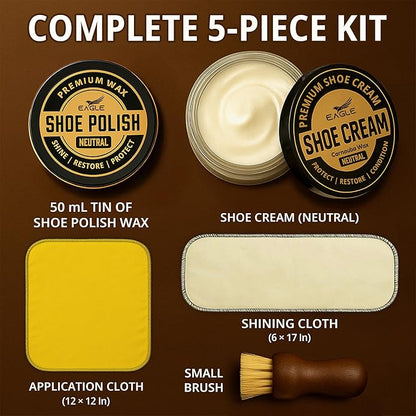 Eagle Shoe Shine Kit – 5-Piece Leather Shoe Polish & Cream Set with Brush & Cloths