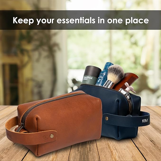 Northwind Personalized Leather Toiletry Bag – Full Grain Leather Dopp Kit for Men & Women – Handmade in the USA – Custom Debossed Engraved Initials, Travel Toiletry Bag for Gifts & Grooming Essentials