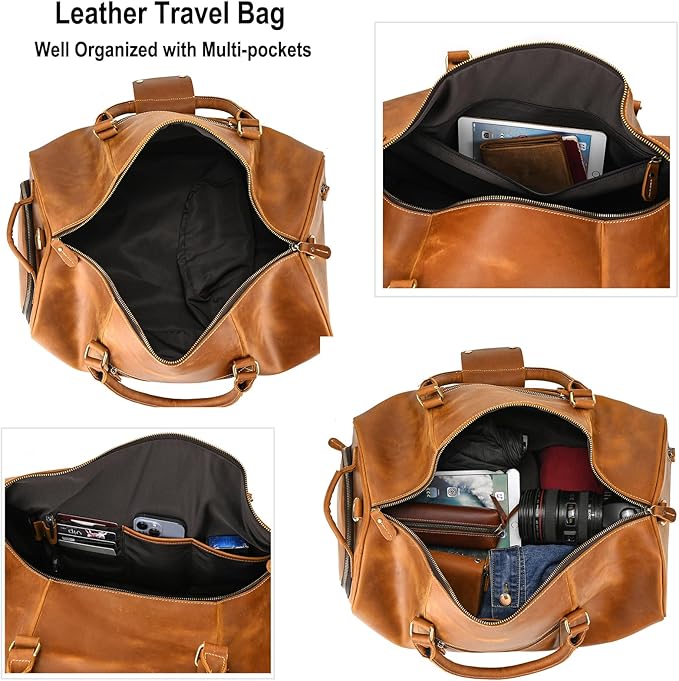 Full-grain Leather Travel Bag Large Capacity Duffel Luggage Bag with Shoe Compartment, Men Weekend Overnight Bag for Business Holiday Trip, Light Brown