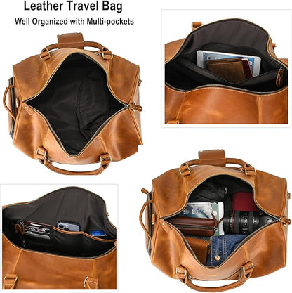 Full-grain Leather Travel Bag Large Capacity Duffel Luggage Bag with Shoe Compartment, Men Weekend Overnight Bag for Business Holiday Trip, Light Brown