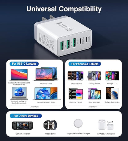 60W USB C Wall Charger Block, 2Pack 5-Port C Charger Fast Charging Block Dual PD Power Adapter&QC 3.0 Wall Plug Multiport Type C Charging Cube Brick for iPhone 12/13/14/15/16/17 Pro Max, iPad,Samsung