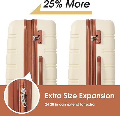 Merax Luggage Sets 2 Piece Expandable Hardside Luggage with Travel Bag Suitcase Set with Spinner Wheels(20+24+bag,Brown+White-1)