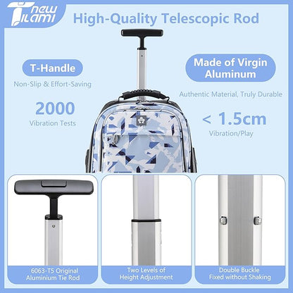 NEW TILAMI 19 Inch Rolling Backpack 360°rotating Universal Wheel, Large Organizer Compartments, Adjustable Handle, Carry on for School Students Business Travel, Ice-blue Rhombus Shadows