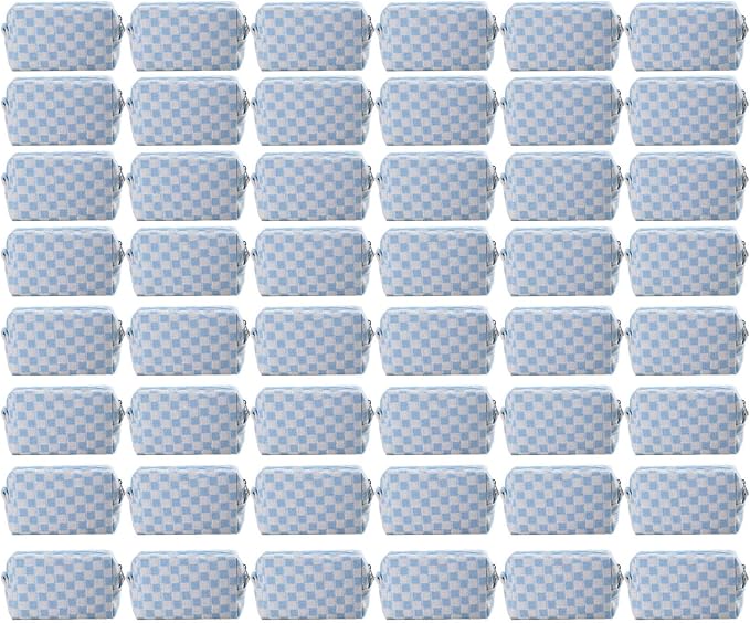 48 PACK Checkered Makeup Bag- Bulk Bridesmaid Proposal Gifts Makeup Pouch for Wedding Party Favors Bachelorette Party Decorations Toiletry Organizer Bag Cosmetic Case Gift (Blue)