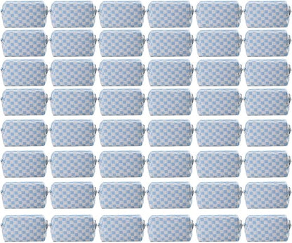 48 PACK Checkered Makeup Bag- Bulk Bridesmaid Proposal Gifts Makeup Pouch for Wedding Party Favors Bachelorette Party Decorations Toiletry Organizer Bag Cosmetic Case Gift (Blue)