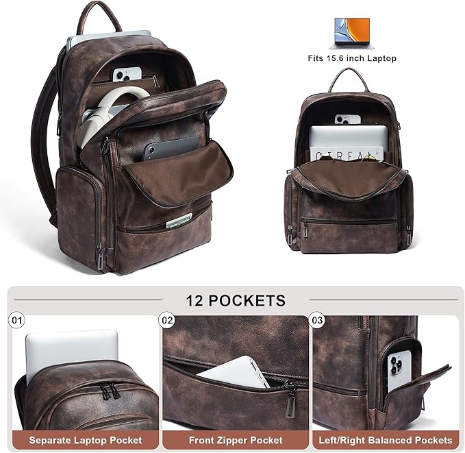 Leather Backpack for Women, Fits 15.6 Inch Laptop, Soft Vegan Leather Backpack for Travel and Daily Use, Coffee
