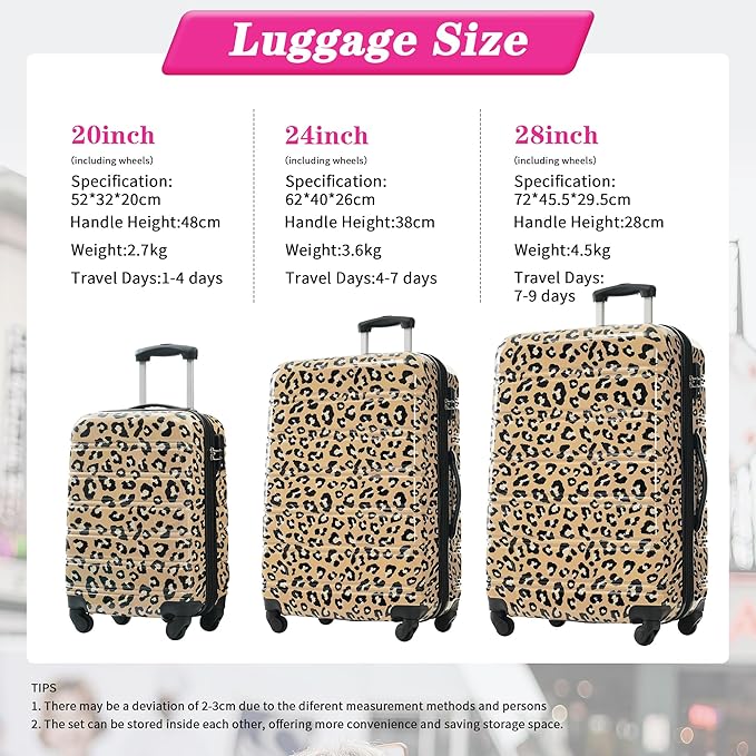 Merax Leopard Print Luggage Sets, 3 Piece Expandable Suitcase Set with Spinner Wheels,Large Checked Travel Suitcases and Carry On Travel Luggage, 100% PC, TSA Lock,Brown